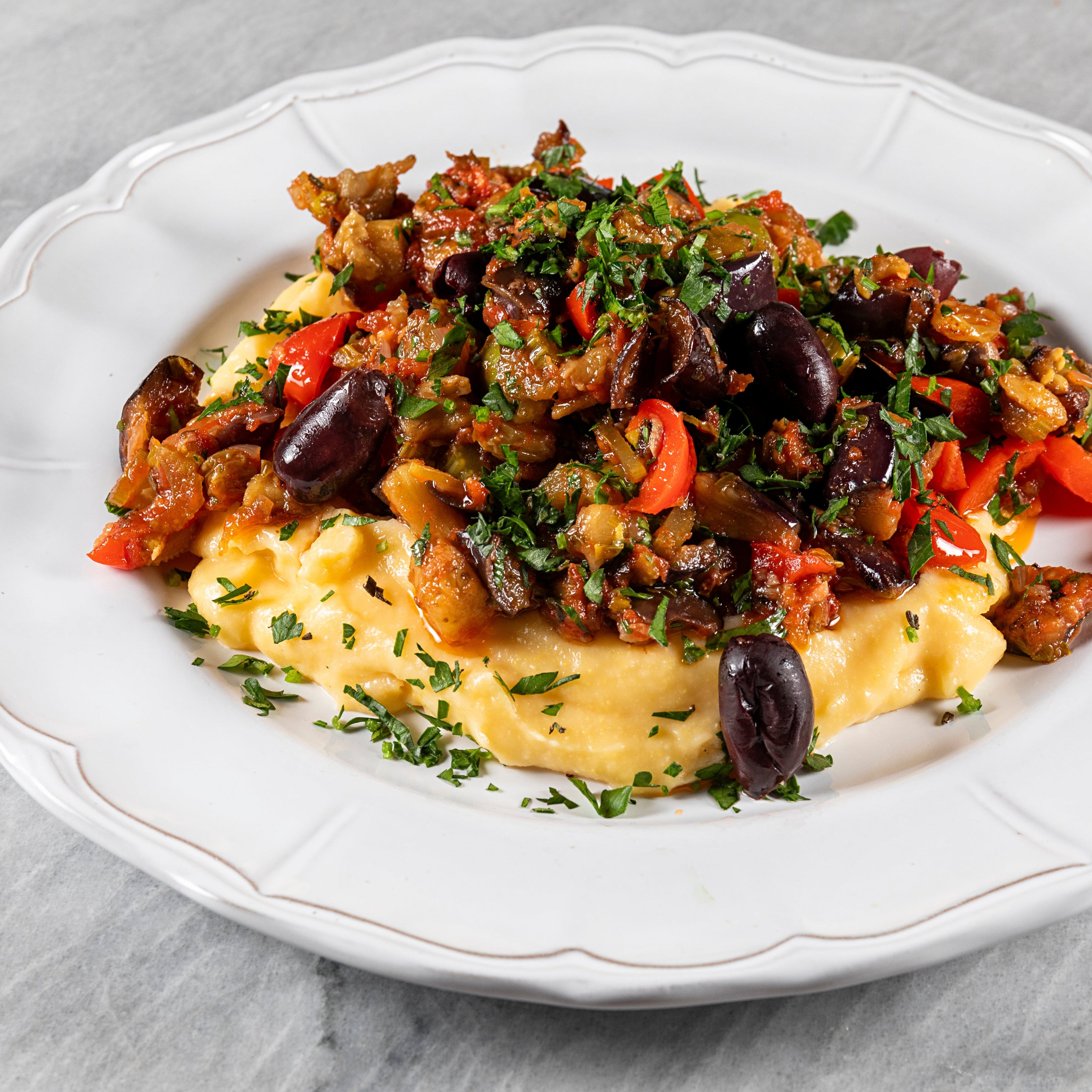 Caponata (Sicilian Eggplant Stew) over Creamy Polenta