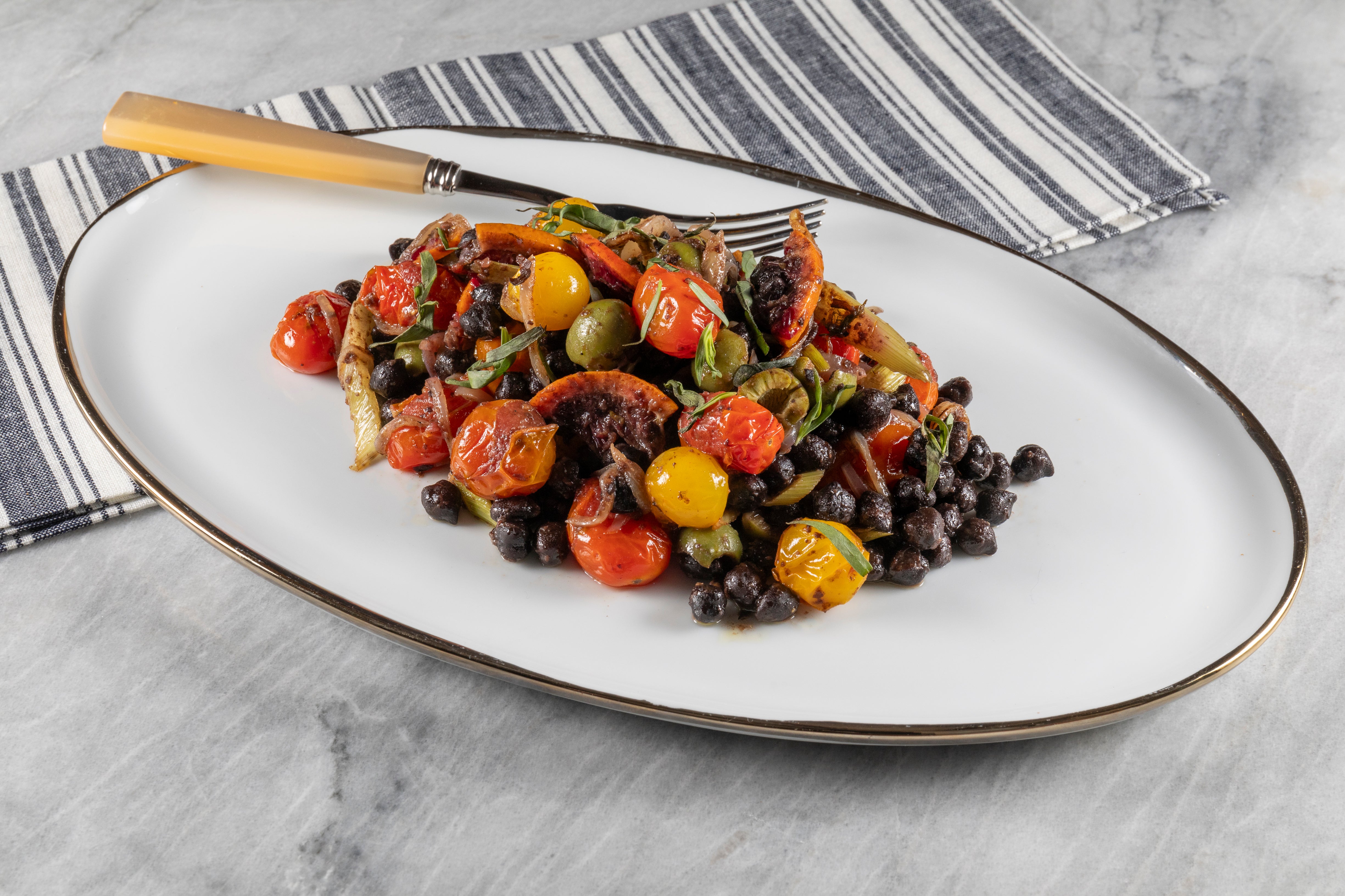 Black Chickpeas with Baharat, Fennel, Orange, Burst Cherry Tomatoes & Castelvetrano Olives