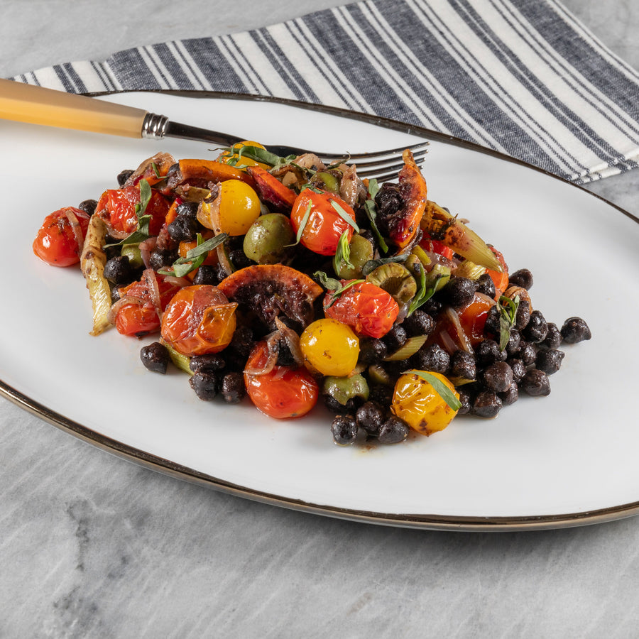 Black Chickpeas with Baharat, Fennel, Orange, Burst Cherry Tomatoes & Castelvetrano Olives