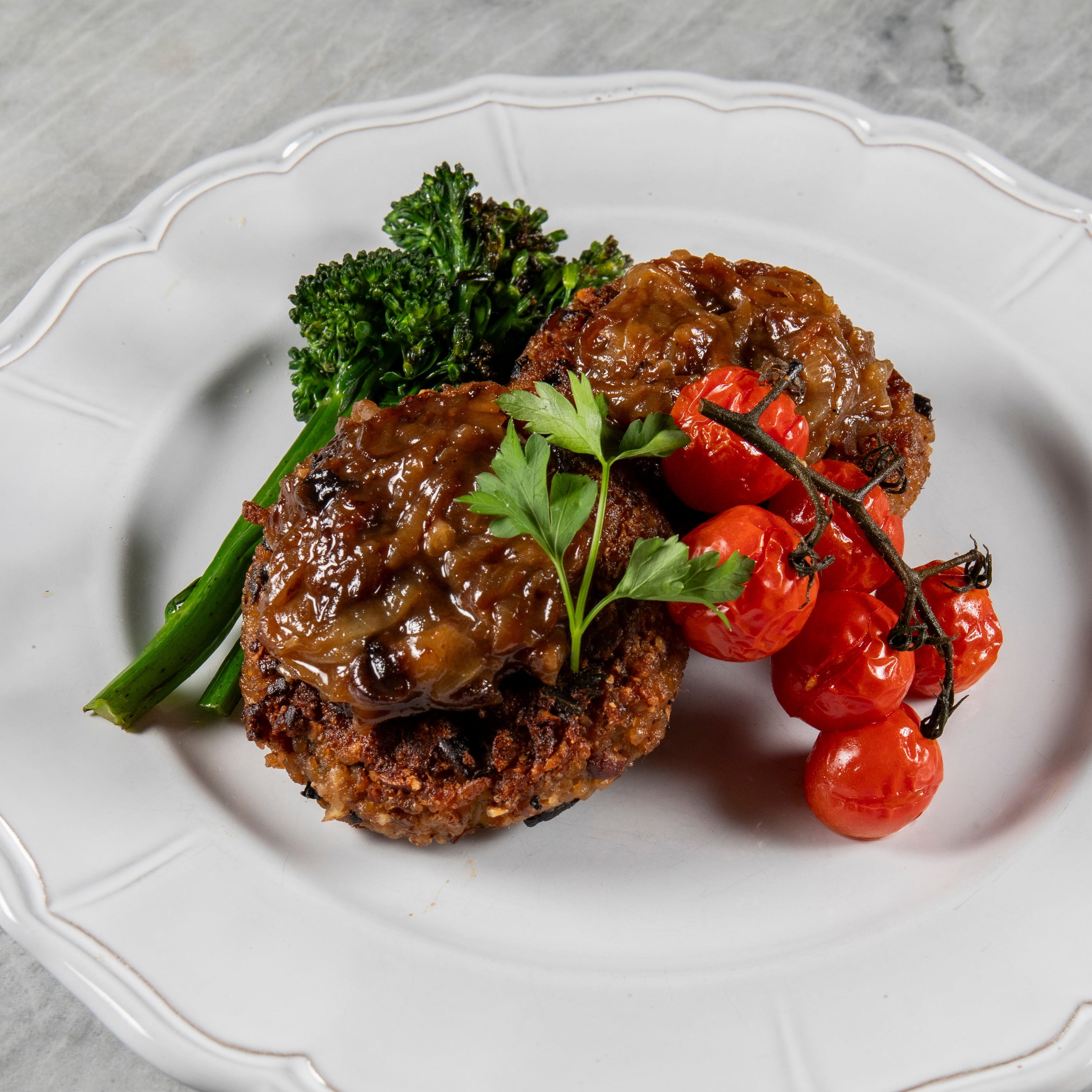 Mushroom Risotto Burgers with Caramelized Onions & Cherry Tomatoes