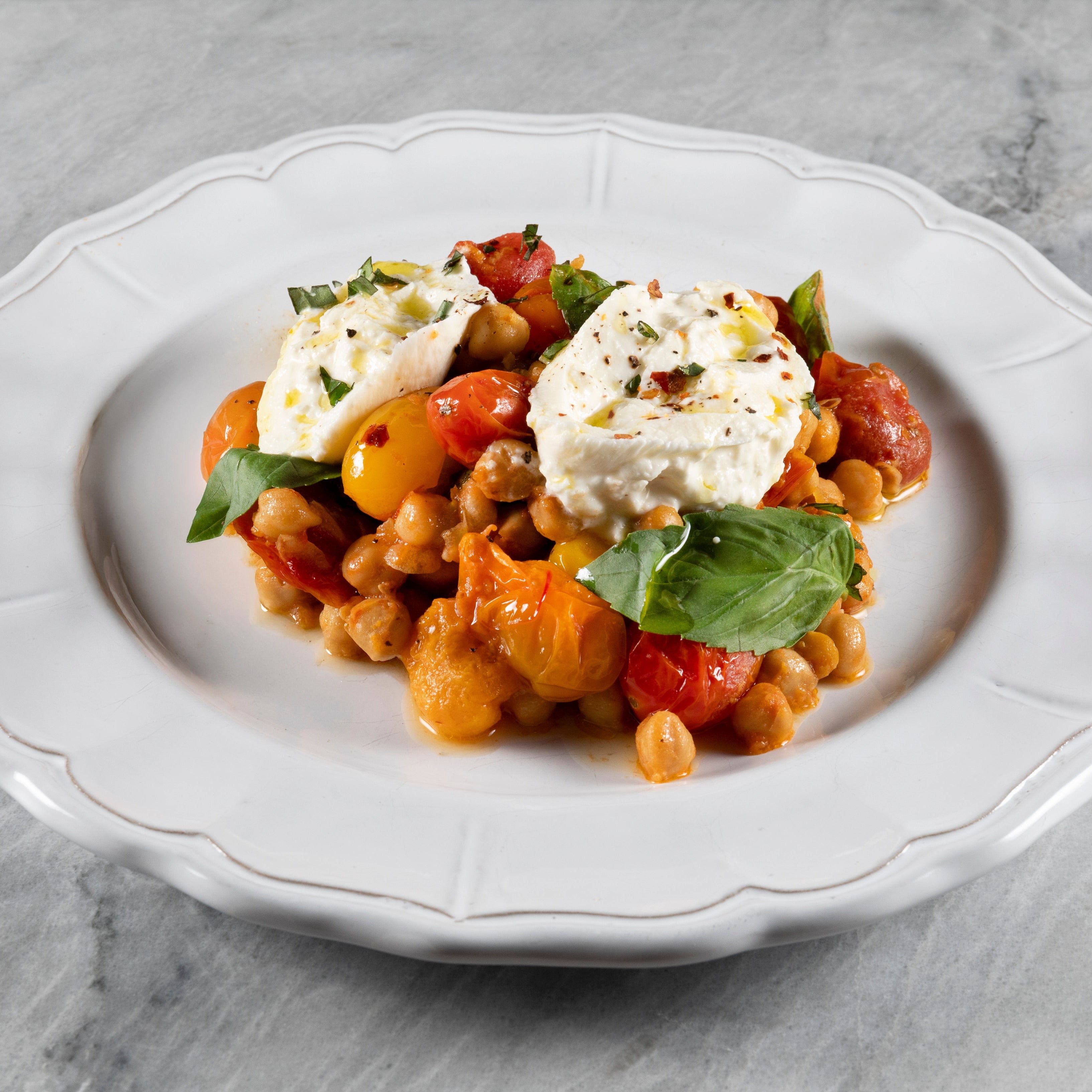 Saffron Chickpeas with Blistered Tomatoes & Burrata