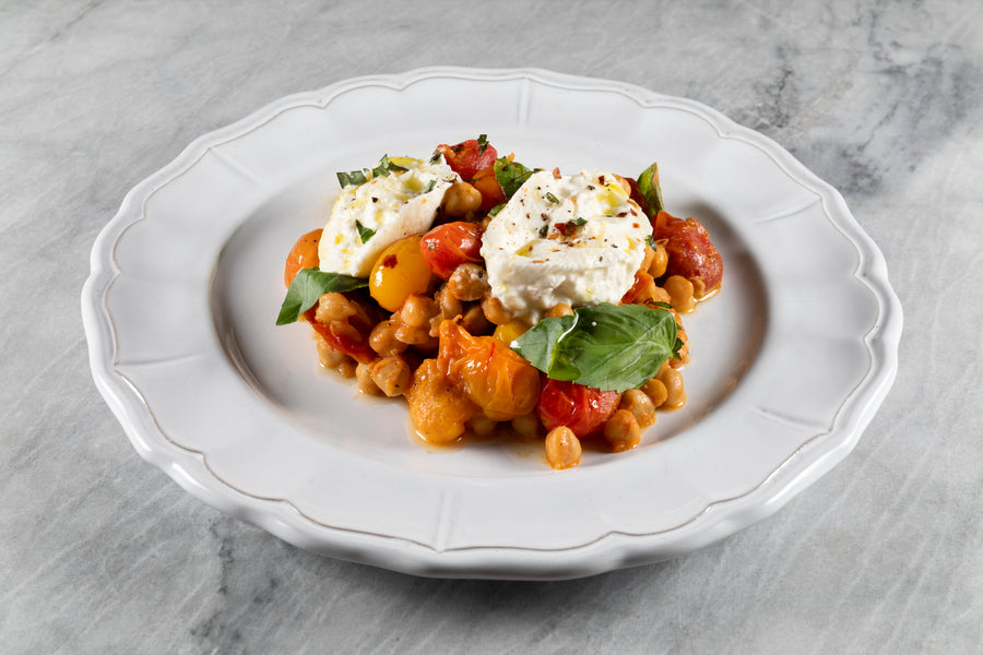 Saffron Chickpeas with Blistered Tomatoes & Burrata
