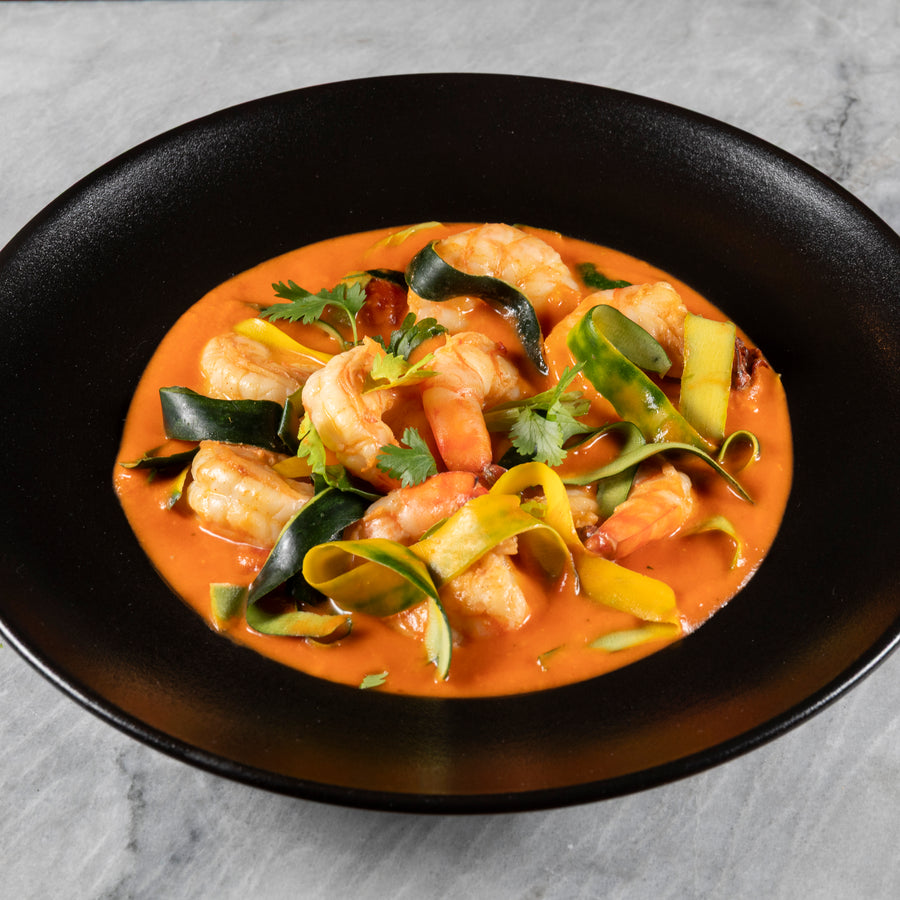 Saucy Saffron-Tomato Shrimp with Lemongrass & Zucchini Ribbons and Lightly Herbed Basmati Rice