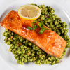 Spicy Honey Glazed Salmon over Fregola with Leek, Spinach & Basil Pesto
