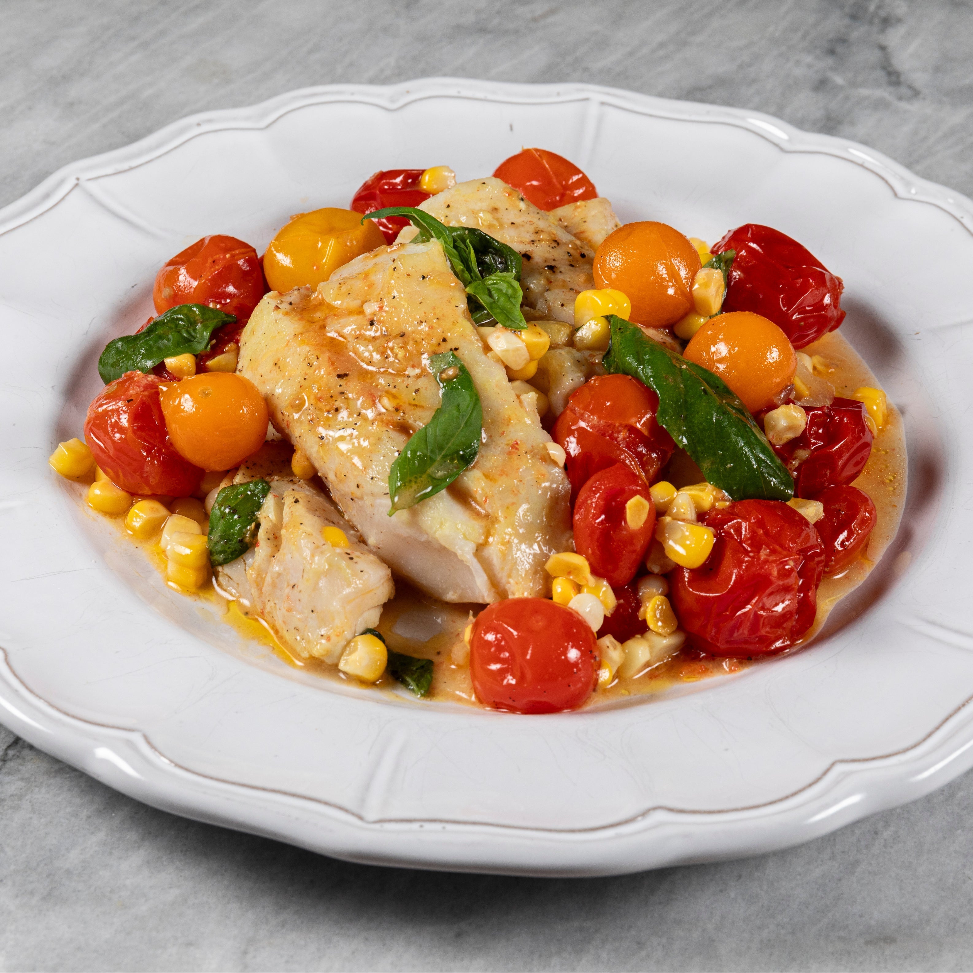 Seared Wild Caught Cod with Heirloom Cherry Tomatoes, Sweet Corn & Basil