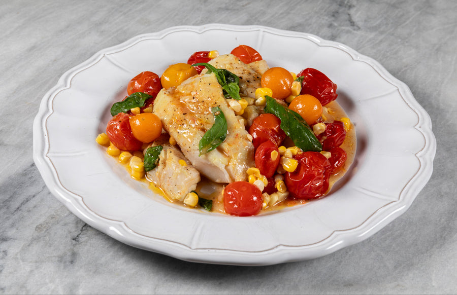 Seared Wild Caught Cod with Heirloom Cherry Tomatoes, Sweet Corn & Basil