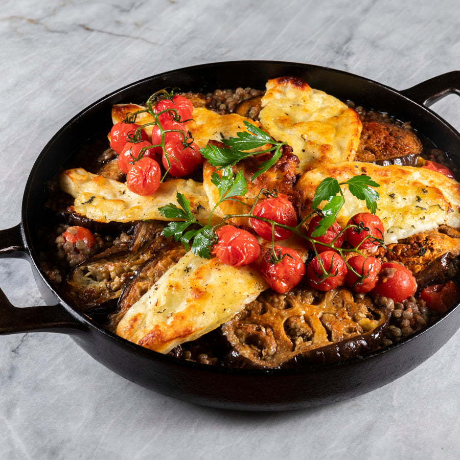 Du Puy Lentil & Eggplant Stew with Grilled Halloumi