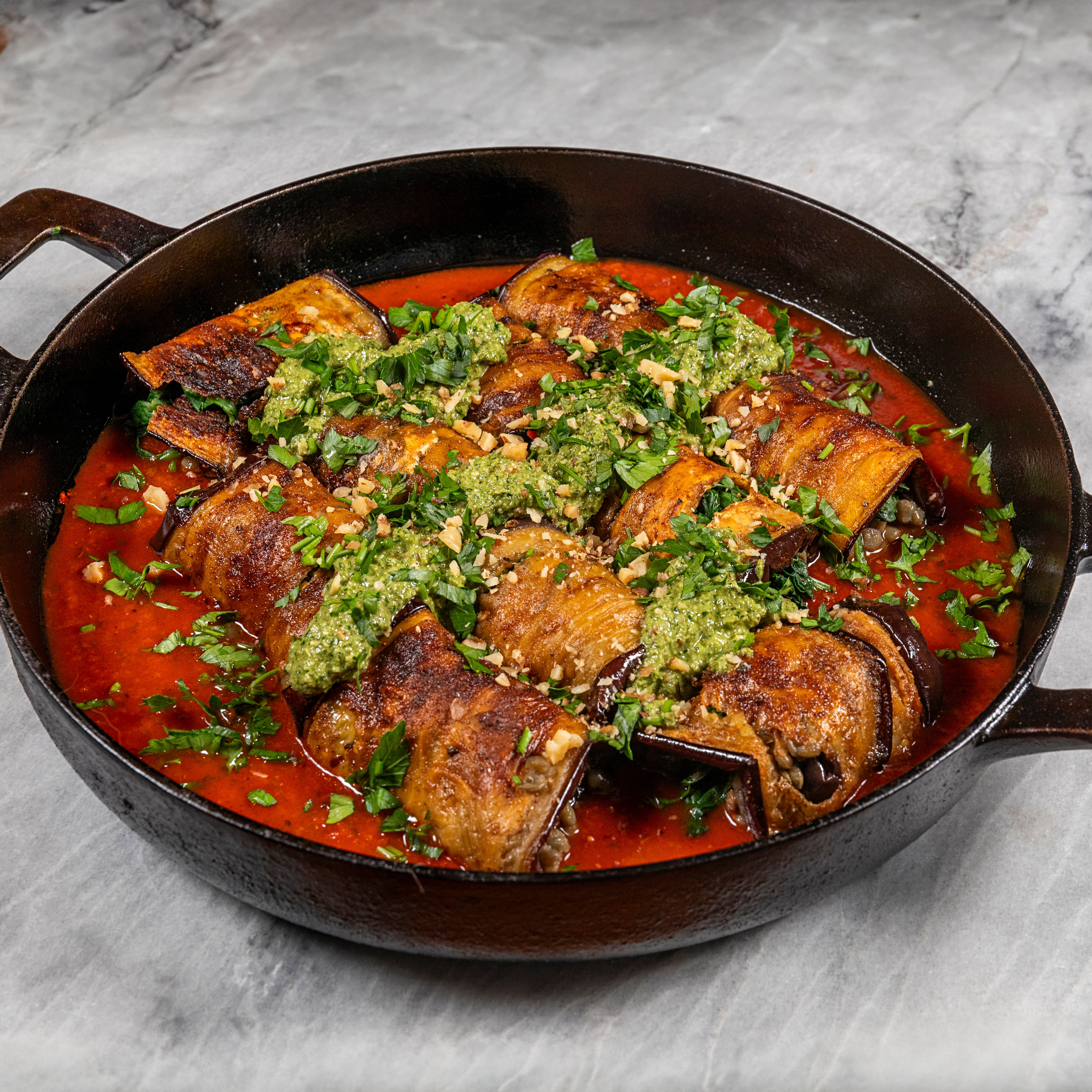Eggplant Rolls Stuffed with Spiced Lentils & Walnut Pesto