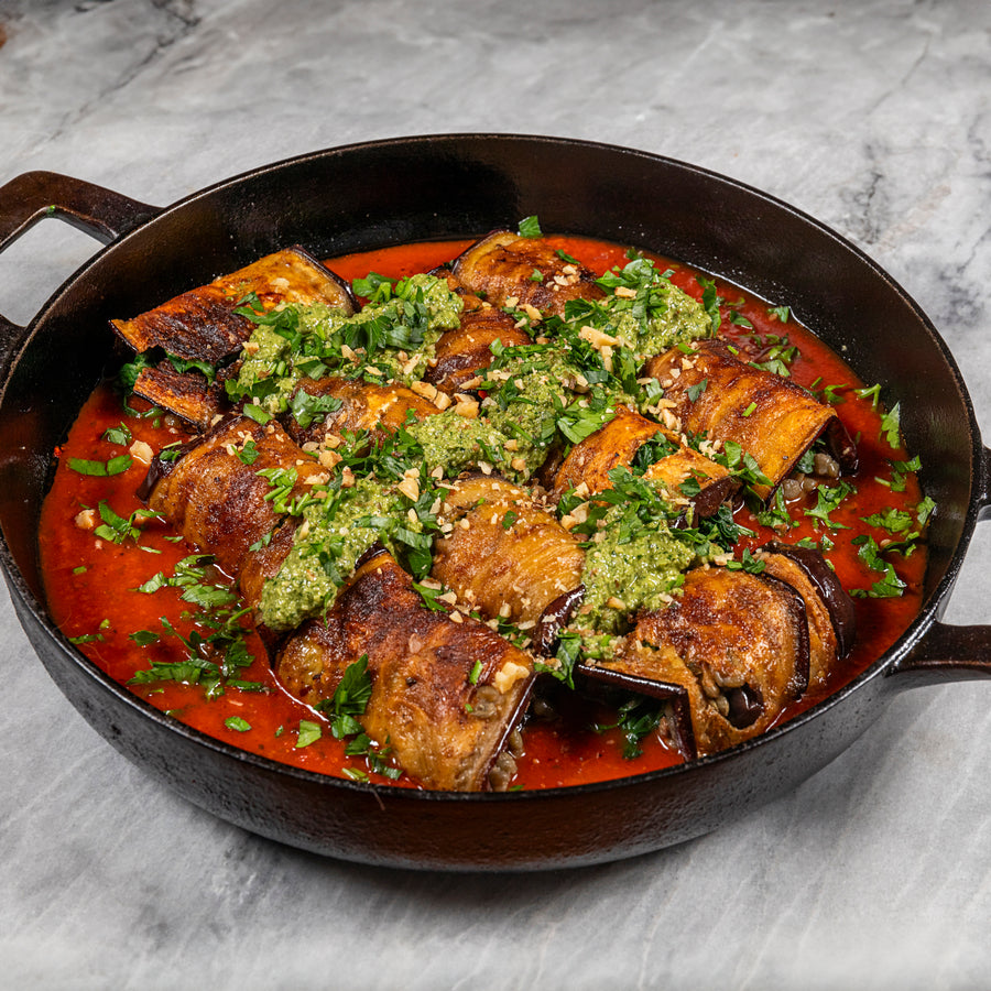 Eggplant Rolls Stuffed with Spiced Lentils & Walnut Pesto