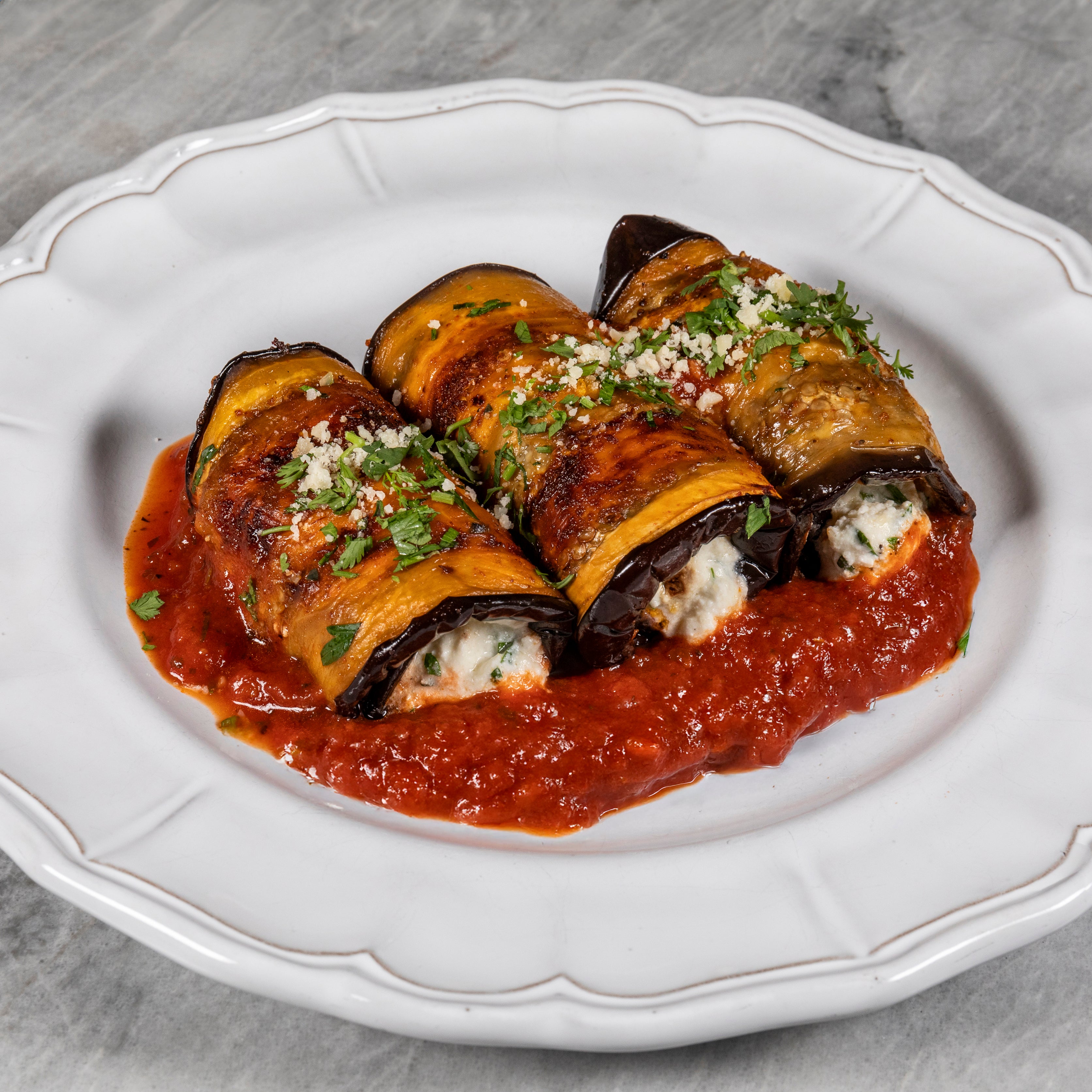 Eggplant Involtini with Creamy Cashew Ricotta, Spinach & Tomato Basil Sauce